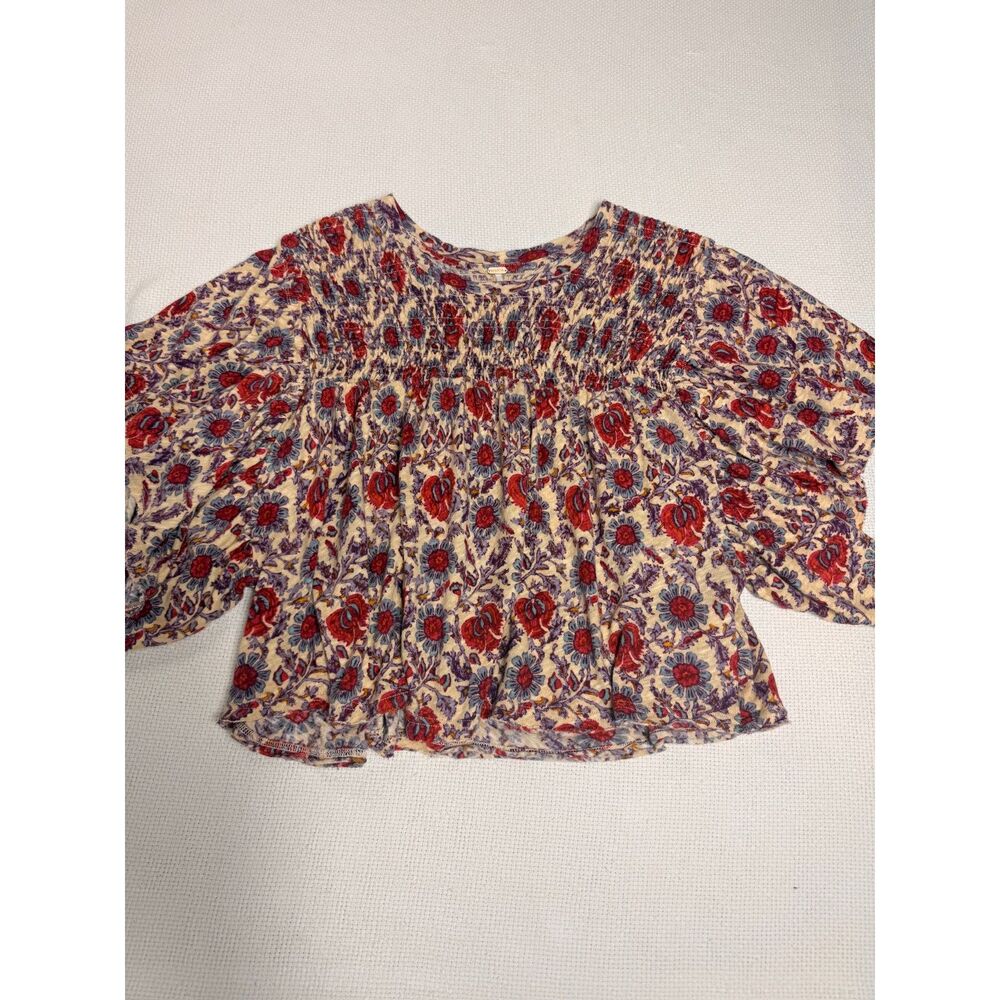 Free People Floral Smocked Babydoll Top Cream Red Boho Linen Cotton Blend